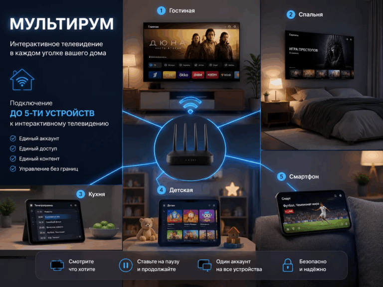 Мультирум: подключение до 5-ти устройств к интерактивному телевидению.